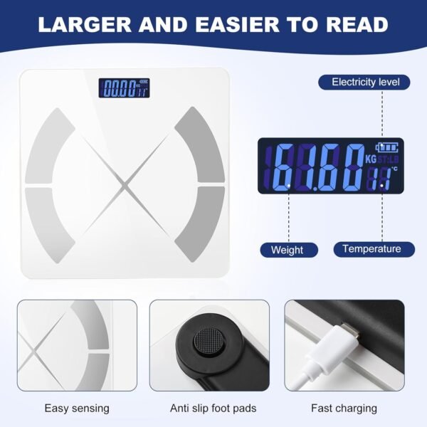 APP Body Fat Scale Intelligent Weight Scale Body Scale Rechargeable Intelligent Weight Scale, Digital Bathroom Scale with Smartphone Application Body Composition Monitoring Health Analyzer (White) - Image 3