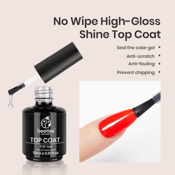 Beetles 2 Pcs 15ml No Wipe Gel Top Coat and Base Coat Set - Shine Finish and Long Lasting, Soak Off LED Nail Lamp Gel Base Top Coat Finish Nail Art Design Manicure Valentine’s Day Gifts for Women - Image 3