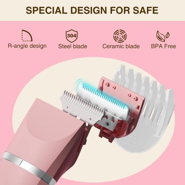 AREYZIN Bikini Trimmer for Women,Electric Razors Shaver for Bikini Legs Pubic Hair,Rechargeable Ladies Bikini Hair Trimmer Removal with Snap-in Ceramic Blades IP7X Washable Head,Wet and Dry Use,Pink - Image 4