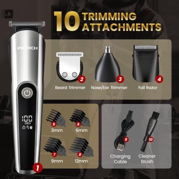 PRITECH Beard Trimmer for Men, 3 in 1 Hair Trimmer for Men Kit, Nose Ear Trimmer, Micro Shaver, Mens Grooming Set Cordless with LED Display IPX6 Waterproof (Silver) - Image 6