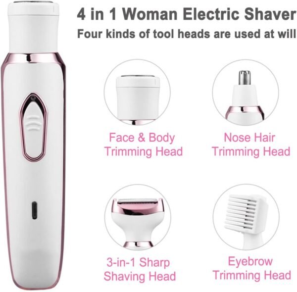 Electric Razor for Women,Hair Trimmer for Face Nose Eyebrow Beard Mustache Arm Leg Armpit Bikini,Painless Rechargeable Portable 4 in 1 Womens Body Shavers Set - Image 4