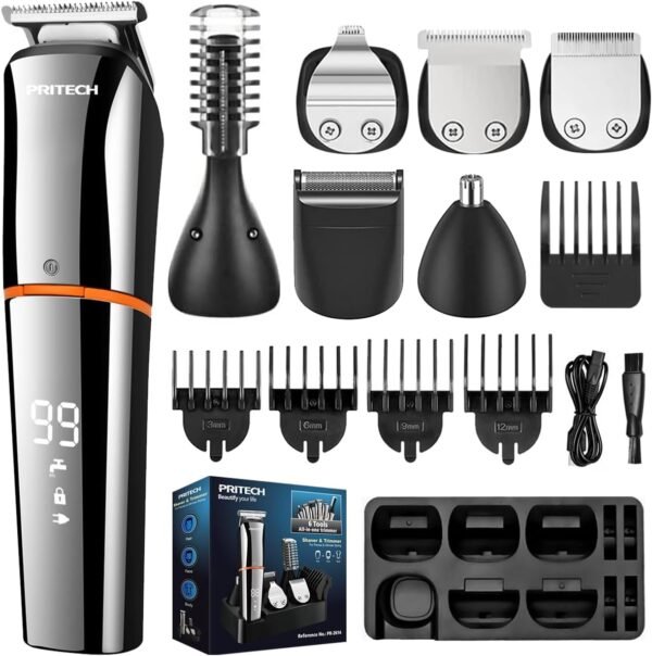 PRITECH Beard Trimmer for Men, 6 in 1 Beard Trimmer Kit, Electric Beard Trimmer with Hair, Precision, Body, Nose, Foil Razor, Grooming Kit Waterproof IPX6 (Silver) - Image 2
