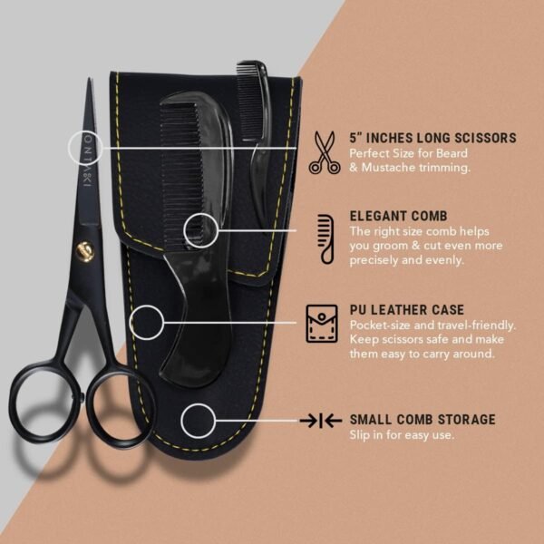 Ontaki 5" Professional German Beard & Mustache Scissors with 2 Comb & Carrying Pouch for Men - Bevel Edge for Precision - Facial Hair Grooming Kit All Body Hair - Black - Beard Trimming Scissors - Image 3