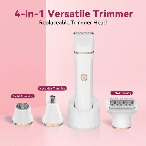 Electric Bikini Trimmer for Women - 4 in 1 Electric Shaver for Women, Waterproof Pubic Hair Trimmer and Facial Hair Remover, Replaceable Razors & Nose Hair Trimmer, Rechargeable Women's Grooming Kit - Image 4