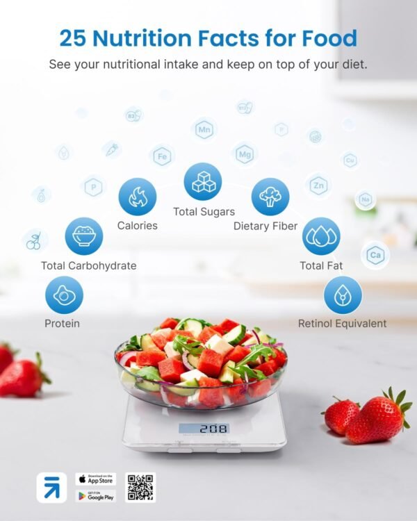 RENPHO Food Scale with Nutritional Calculator, Digital Kitchen Scale for Weight Loss, Smart Food Weight Scale with App for Macro Keto Calorie Cooking, Grams and Ounces, White, 11lb/5kg - Image 3
