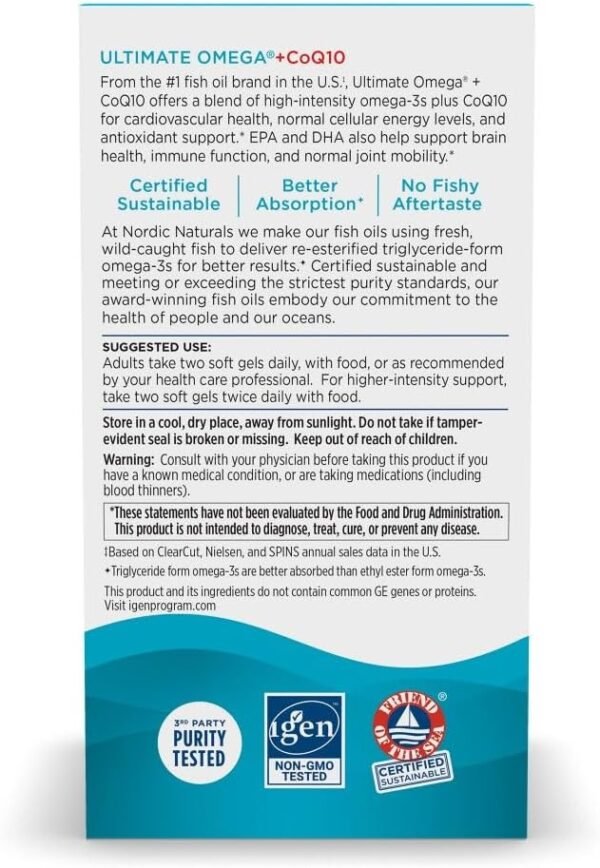Nordic Naturals Ultimate Omega + CoQ10, Lemon - 60 Soft Gels - 1280 mg Omega-3 + 100 mg CoQ10 - Heart Health, Cellular Energy, Antioxidant Support - Non-GMO - 30 Servings - Image 4