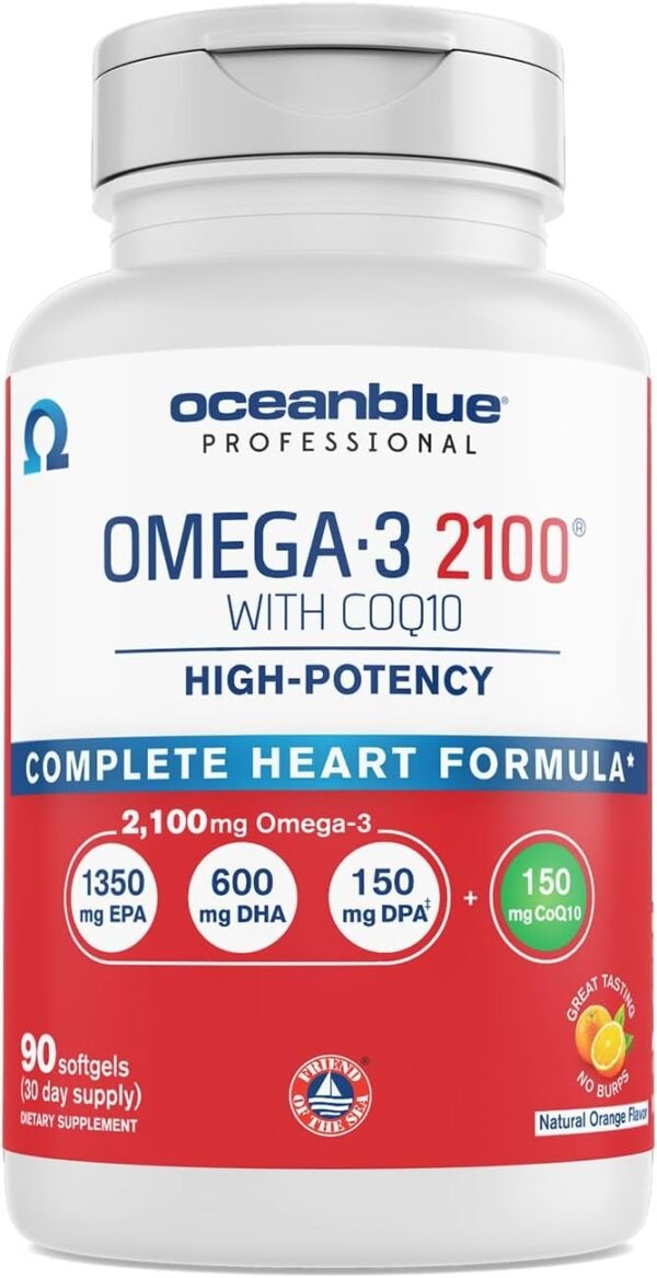 Oceanblue Professional Omega-3 2100 with CoQ10 – 90 ct – Triple Strength Fish Oil Supplement with High-Potency EPA and DHA, and CoQ10 – Orange Flavor (30 Servings) - Image 2