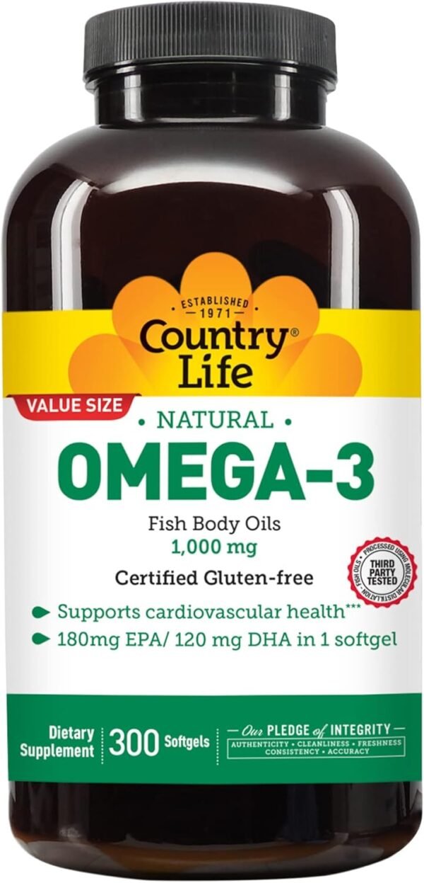 Country Life Omega-3 Fish Oil Supplement, 1000mg, 180mg EPA & 120mg DHA, Fish Oil Concentrate with Lemon Flavor, Burpless, 300 Softgels, Certified Gluten Free - Image 2
