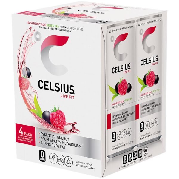 CELSIUS Raspberry Acai Green Tea, Functional Essential Energy Drink 12 Fl Oz (Pack of 4) - Image 3