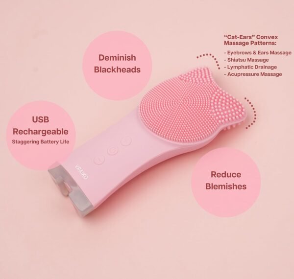 MIA Facial Cleansing Brush, Waterproof Rechargeable Face Cleansing Brush, with Soft Silicone and Adjustable Sonic Vibration, for Deep Cleansing Gentle Exfoliating and Massaging (Pink) - Image 4