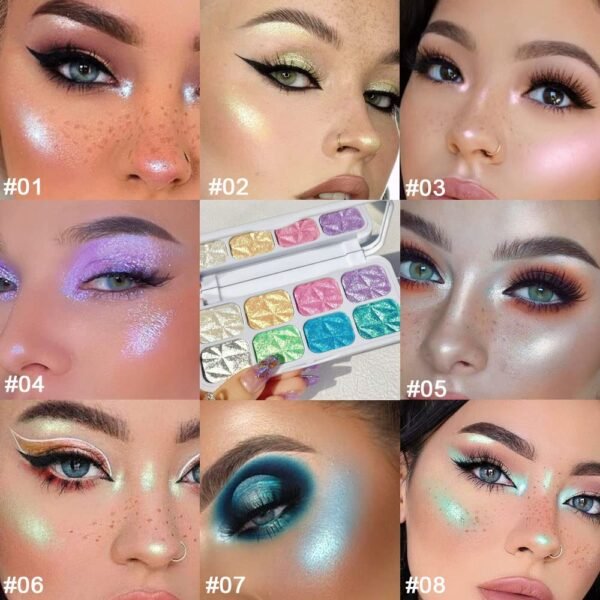 8 Color Face Cheek Highlighter Makeup Palette Shimmer Glitter Iridescent Multichrome Holographic Eyeshadow Palette Purple Rainbow Glitter Highlighter Makeup Highlight and Contour Palette Eye Makeup - Image 4