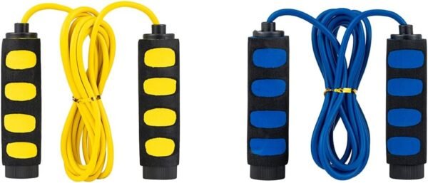 2-Pack Lightweight 9 Feet Adjustable Cable Kids Jump Rope with Anti-Slip Foam Grip Handles and Storage Bag BLUE & YELLOW - Image 4