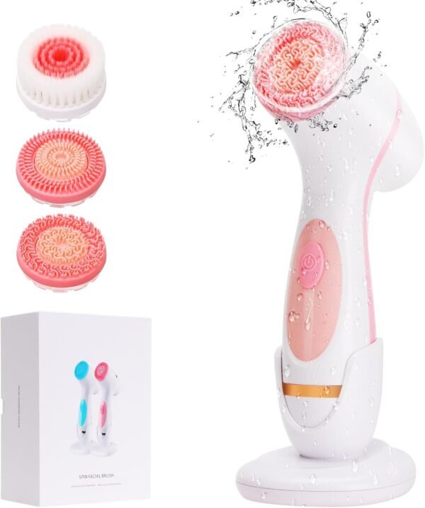 Facial Cleansing Brush,Electric Face Scrubber with 3 Brush Heads for Cleansing and Exfoliating,3 in 1 Waterproof Rechargeable Face Cleansing Brush for Dry Oily Sensitive Skin (Pink) - Image 2