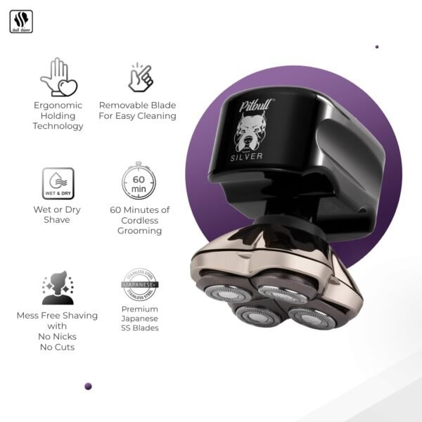 Skull Shaver Pitbull Silver PRO: Electric Head Shaver for Men, Wet & Dry Bald Head Shaver with Ergonomic Design - Perfect Grooming Gift Set for Your Husband - Image 3
