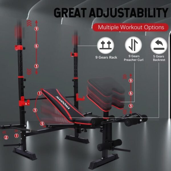 1500LBS 6 in 1 Weight Bench Set with Leg Extension/Curl and Preacher Curl, Bench Press Set and barbell Rack with Safety Bar Catches, Foldable Workout Benches for Home(US Stock) - Image 6