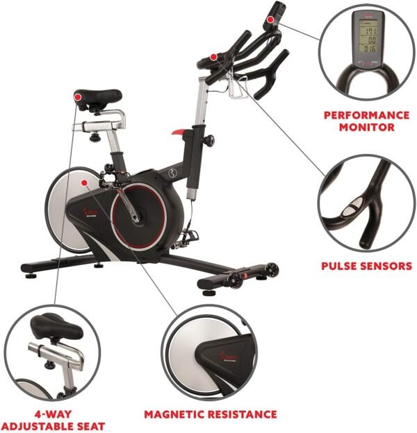 Sunny Health & Fitness Magnetic Rear Belt Drive Indoor Cycling Exercise Bike with RPM Cadence Sensor - SF-B1709, Black - Image 4