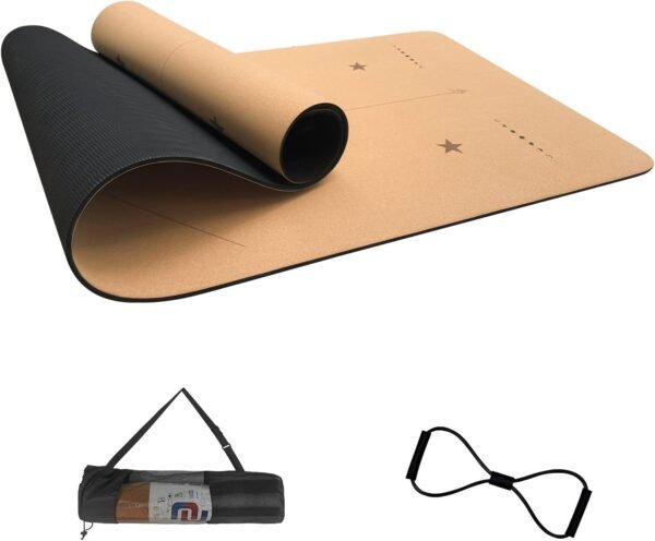 Numat Cork Yoga Mat 6mm (1/4 inch) Thick 72 x 24 in, Sweatproof NonSlip Eco-friendly, Lightweight TPE foam with Alignment Lines, Great for Hot Yoga, Pilates, Gym and Exercise, Black Carrying Bag w. Strap Included - Image 2