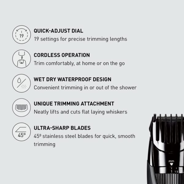 Panasonic Cordless Men's Beard Trimmer With Precision Dial, Adjustable 19 Length Setting, Rechargeable Battery, Washable - ER-GB42-K (Black) - Image 3