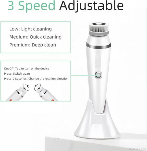 Electric Facial Cleansing Brush with 4 Brush Heads, IPX6 Water Resistant 3-Speed Rechargeable Face Scrubber for Exfoliating & Massaging, 20-Day of Daily Use, White - Image 4