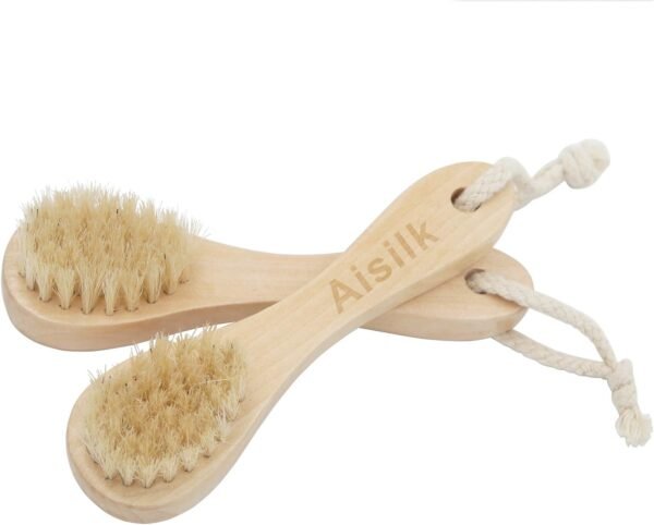 Wooden Facial Cleansing Brush Natural Bristles Wood Handle Wash Clean Exfoliate Scrub Cleaning Brushing Exfoliating Exfoliation Skin Care Face Cleanser Brushes 2 Pack Set - Image 2