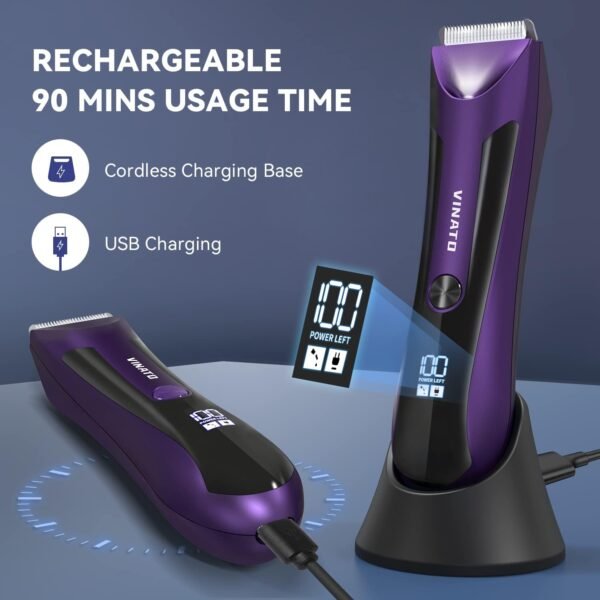 VINATO Electric Body Hair Trimmer - Manscape Ball Trimmer, Groin Hair Trimmer for Men, Waterproof Ball Shaver, USB Recharge Dock Replaceable Ceramic Blade, 90 Mins Battery Life - Image 4
