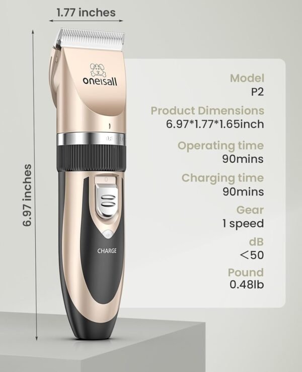 oneisall Dog Clipper Low Noise, Dog Grooming Kit with Rechargeable, Dog Shaver Cordless Electric Quiet Hair Clipper Set for Dog Cats Pets（Gold） - Image 8