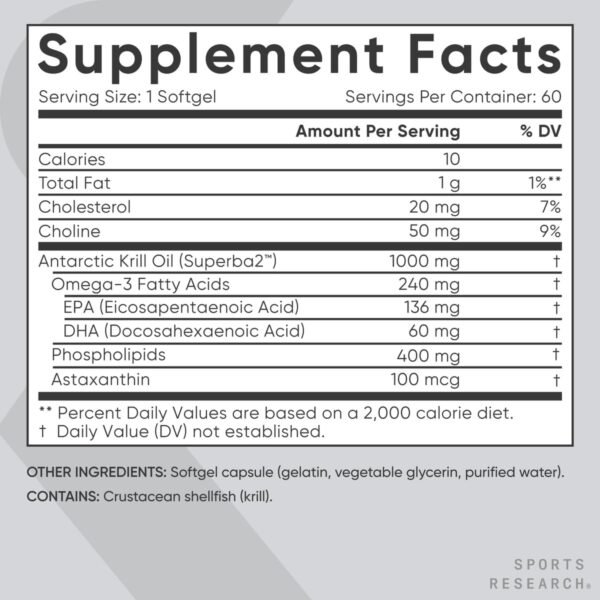 Sports Research Antarctic Krill Oil Omega 3 Softgels 1000mg (Double Strength) with Phospholipids, Choline & Astaxanthin - Sustainably Sourced, Non-GMO Verified & Gluten Free - 60 Capsules - Image 7