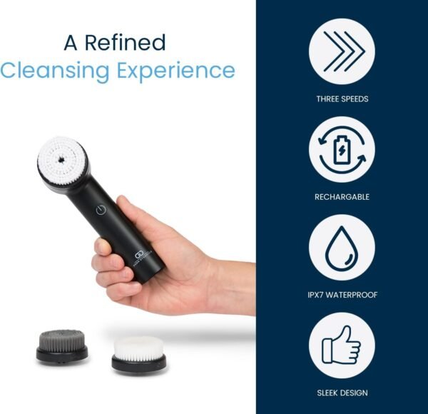 Facial Cleansing Brush (Daily Clean & Deep Exfoliation Modes) – 3 Brush Heads – IPX7 Waterproof, USB Rechargeable Device – Ideal for All Skin Types, Men and Women – Black - Image 6