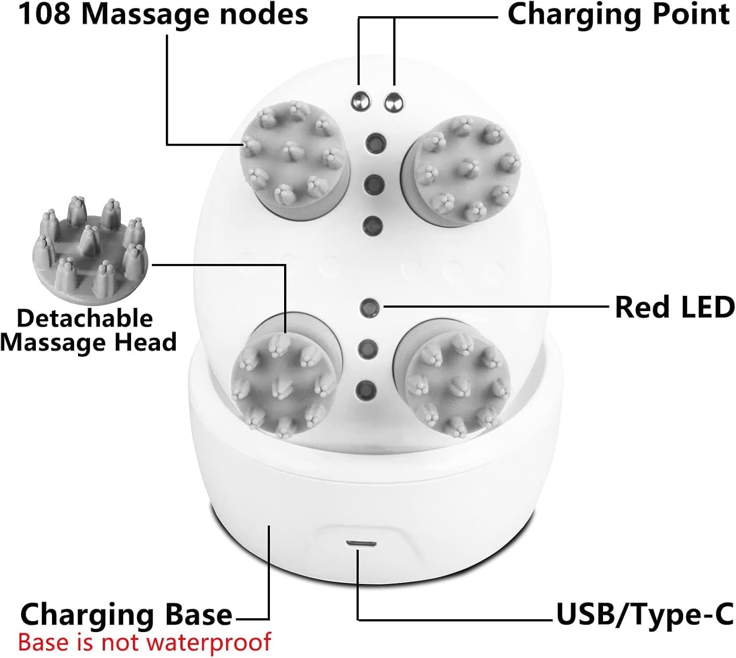 Electric Head Massager Waterproof,with 4 Detachable Massage Heads,Wireless Portable Red Light Care Handheld Massager,4 Massage Modes Stress Relax for Scalp,Suitable The Whole Body and Pets - Image 5