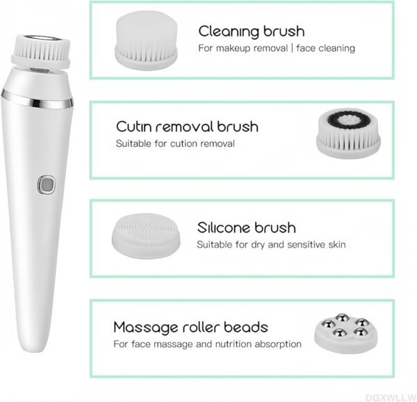 Electric Facial Cleansing Brush with 4 Brush Heads, IPX6 Water Resistant 3-Speed Rechargeable Face Scrubber for Exfoliating & Massaging, 20-Day of Daily Use, White - Image 3