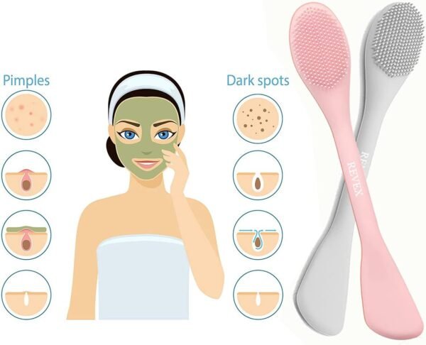REVEX Silicone Face Mask Applicator,Face Scrubber,2Pcs Mask Applicator Tool for Facial Mud,Facial Cleansing Brushes with Bristles for Makeup Skincare Removal.(Pink+Gray) - Image 5