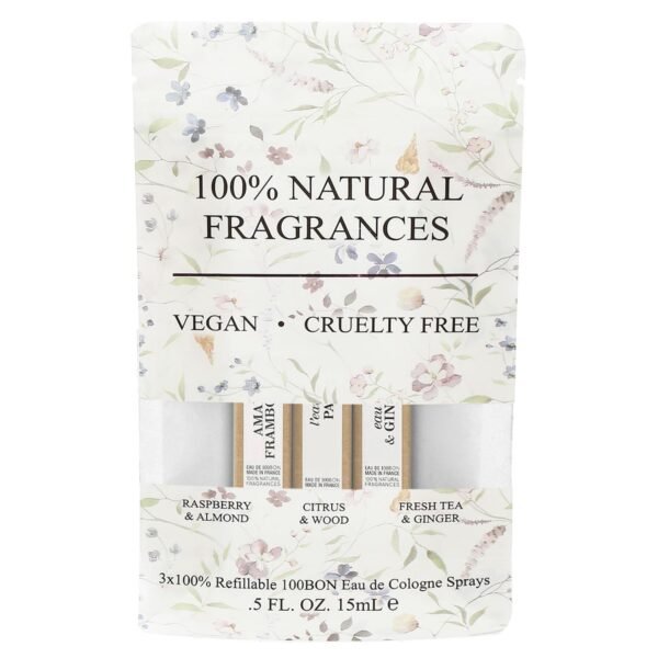 100BON 100% Natural Fragrances Vegan Cruelty Free Refillable Cologne Sprays Set, 3 x 0.5 fl oz - Raspberry & Almond, Citrus & Wood, Fresh Tea & Ginger - Image 2