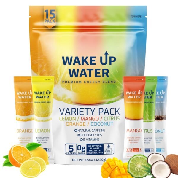 Wake Up Water - Energy + Hydration Sugar Free 15 Packet, Variety Pack - Energy Drink Powder, Electrolytes Powder Drink, Natural Caffeine Mix Packet, B Vitamins, 5 Calories, Gluten Free - .10 oz (2.9g) - Image 2