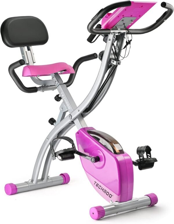 Folding Exercise Bike Portable Upright Adjustable Backrest Cycling Recumbent Stationary Bike Slim Indoor Workout Fitness Cardio Foldable Exercise Bicycle Machine with Pulse Sensor LCD Monitor Arm Resistance Bands - Image 2