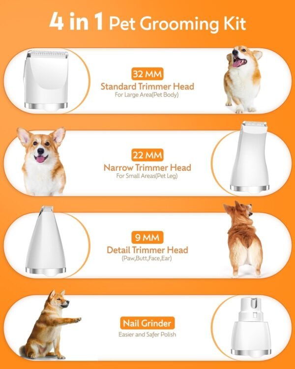 Dogs Hair Clippers Grooming Kit with Nail Grinder, 4 in 1 Cordless Electric Trimmer for Dogs Cat Low Noise USB Rechargeable, Pet Clippers Grooming Paws, Eyes, Ears, Face,Nail, Matted Hair - Image 3