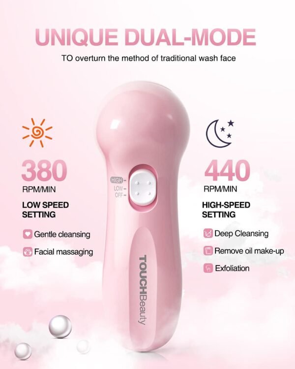 TOUCHBeauty Face Scrubber Exfoliator, Facial Cleansing Brush with 3 Cleanser Heads & 2 Speeds Adjustable for Skin Care Wash,Deep Cleaning,Face Spa System,Battery Powered - Image 7