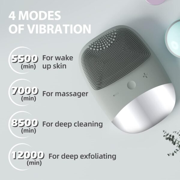 Silicone Face Scrubber, SIWIEY IPX7 Waterproof Sonic Facial Cleansing Brush, USB Rechargeable Sonic Massage Face Brush for Deep Cleansing, Gentle Exfoliating and Massaging (Grey) - Image 5