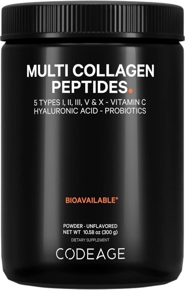 Codeage Multi Collagen Peptides Powder + Probiotics Black Edition, Vitamin C, Hyaluronic Acid Powder Supplement, Grass-Fed, Hydrolyzed, Zero Carbs, Type I, II, III, V & X, Unflavored, 10.58oz - Image 2