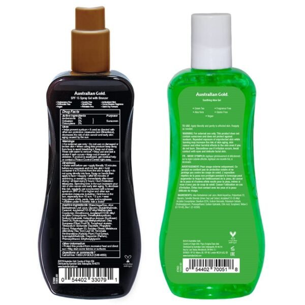 Australian Gold Sunscreen Gel Spray with Bronzer + Soothing After Sun Aloe Vera Gel, Hydrating Sunburn Relief & Broad Spectrum UVA/UVB SPF 15 Sunscreen Spray, Cruelty-Free & Vegan Skin Care Set - Image 3