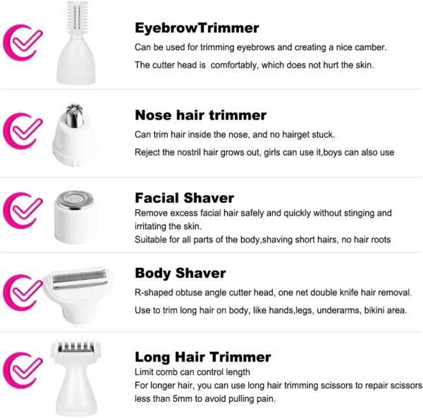 Electric Razor for Women Removal for Body Nose Hair Trimmer Face Shavers Eyebrow Legs Armpit Bikini Area Pubic Underarms Painless Rechargeable Portable 5 in 1 Womens Razors Set - Image 5