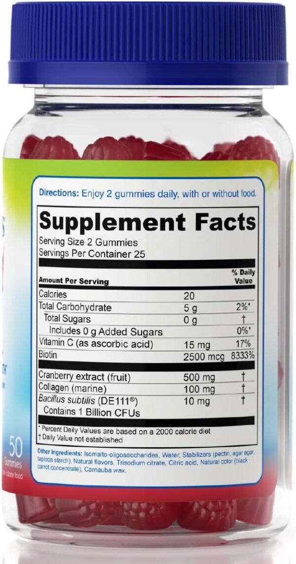 TruBiotics Probiotic Gummies with Collagen for Womens Digestive/Urinary/Hair/Skin/Nails Health, Sugar Free Prebiotics & Probiotics for Women, Collagen, Biotin, Vitamin C & Cranberry Extract, 50 Count - Image 3