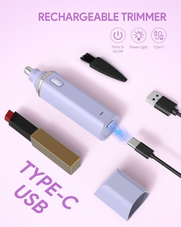 Portable Nose Hair Trimmer, Type-C Rechargeable Nose Hair Trimmer Clipper, Professional Painless Trimmer for Men Women, Smoother Cutting (Purple,1pc) - Image 3