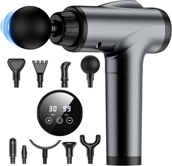 JQX Massage Gun Deep Tissue, High Percussion Back Neck Massager for Athletes, Handheld Muscle Massager Gun with 30 Speed Levels 9 Replacable Heads, Gift for Men & Women (Grey) - Image 2