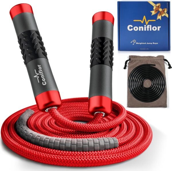Weighted Jump Rope, 1LB Tangle-Free Ball Bearing Rapid Speed Skipping Rope for Men Women, Adjustable 9mm Cotton & PVC Rope with Alum Handle for Boxing MMA Weight-Loss Athletic Workout Fitness - Image 2