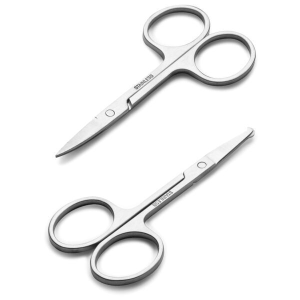 Facial Hair Small Grooming Scissors For Men Women - Eyebrow, Nose Hair, Mustache, Beard, Eyelashes, Ear Trimming Kit - Curved and Rounded Safety Tip Clippers For Hair Cutting - 2PCS Silver - Image 2
