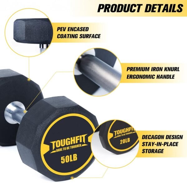 5-520LBS Dumbbell Sets With Optional Rack- PEV Coated & Non-slip knurl Iron Handle - Free Weights for Strength Training Full Body, Decagon Dumbbells for Home Gym, Workouts… - Image 4