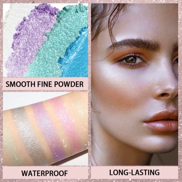 8 Color Face Cheek Highlighter Makeup Palette Shimmer Glitter Iridescent Multichrome Holographic Eyeshadow Palette Purple Rainbow Glitter Highlighter Makeup Highlight and Contour Palette Eye Makeup - Image 7