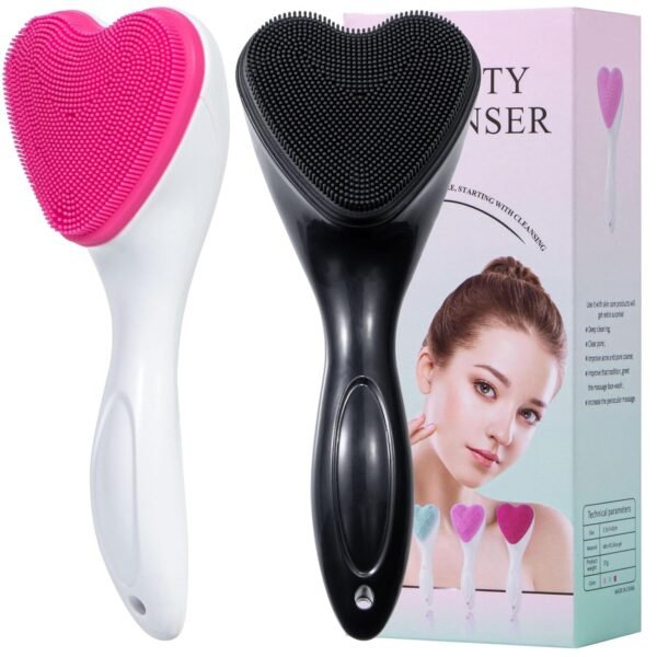 Silicone Face Scrubber Exfoliating Brush 2 Pack, Manual Handheld Facial Cleansing Brush Blackhead Scrubber, Soft Bristles Waterproof for Face Skincare (Black Hot-Pink,Heart) - Image 2