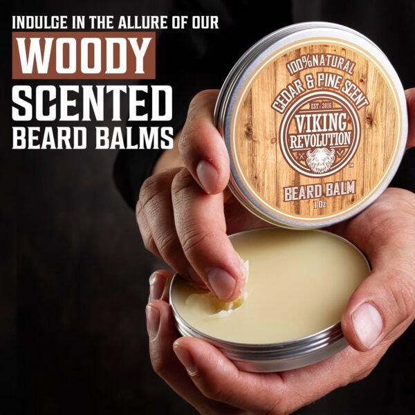 Viking Revolution 4 Beard Balm Variety Pack (1oz Each)- Sandalwood, Pine & Cedar, Bay Rum, Clary Sage - Beard Butter Styles, Strengthens and Softens Beards and Mustaches - Beard Wax for Men - Image 5