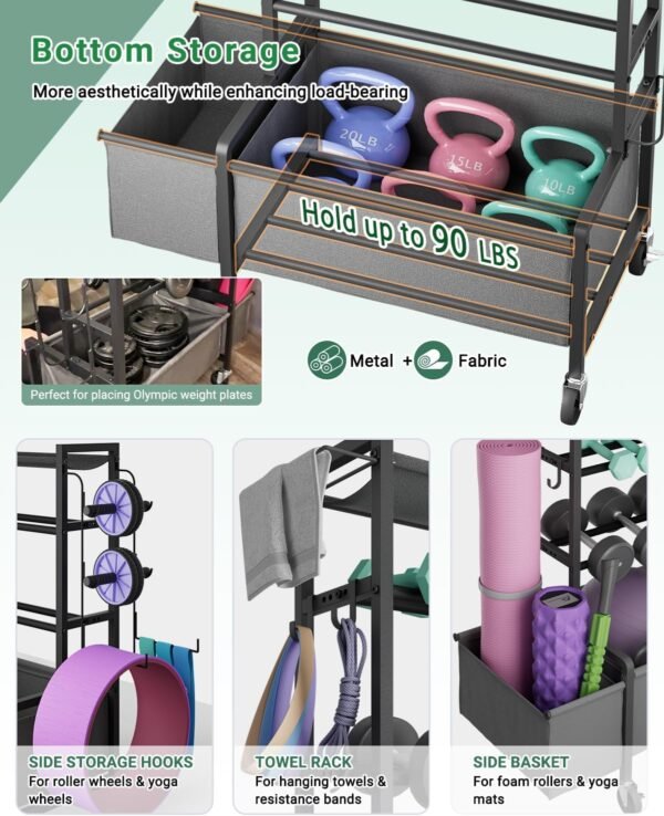 Adjustable Dumbbell Rack, Weight Rack for Dumbbells, Home Gym Storage for Dumbbells Kettlebells Yoga Mat Ball, All in One Workout Equipment Organizer with Caster - Image 4